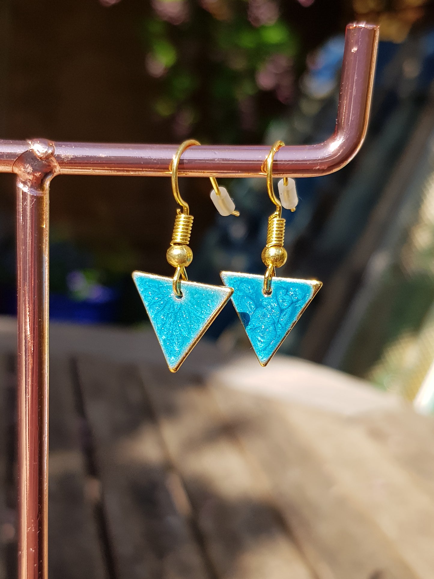 Bright Blue Triangle Drop Earrings - gold or silver  image 1